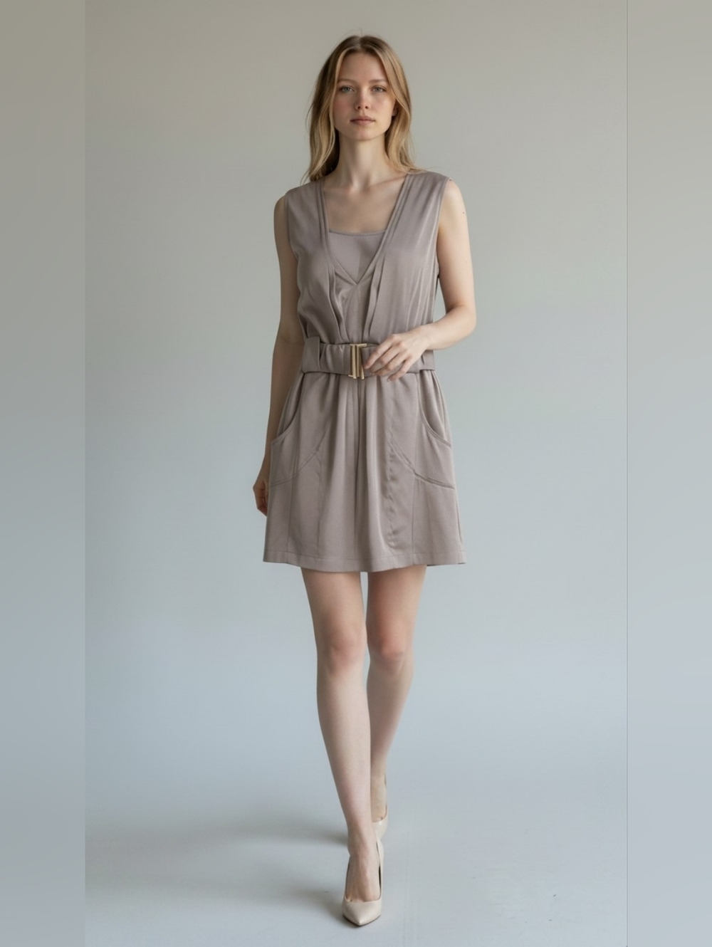 New York & Company Collection Taupe Sleeveless Belted Mini Dress Misses Size 2